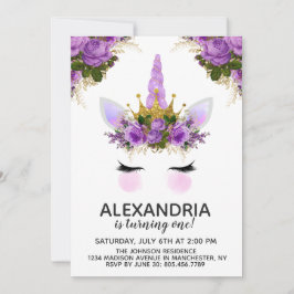 Lila Blommigt Unicorn Princess Birthday Inbjudningar