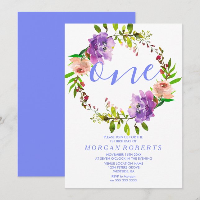 Lila Blommigt Utandning 1:a födelsedag Party Inbju Inbjudningar (Fram/baksida)