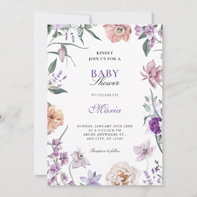 Lila blommigt Utandningsbabydusch Inbjudningar (Framsida)