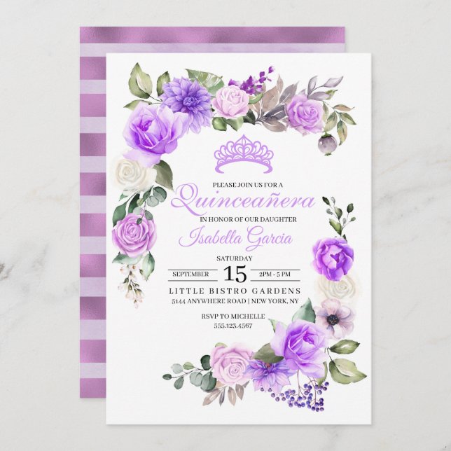 Lila Blommigt Vår Quinceanera Birthday Invati Inbjudningar (Fram/baksida)