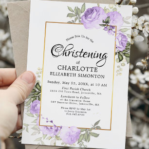 Lila Blommigt Vatercolor Christening-inbjudan Inbjudningar
