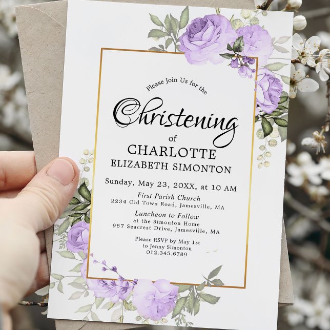 Lila Blommigt Vatercolor Christening-inbjudan Inbjudningar (Skapare uppladdad)