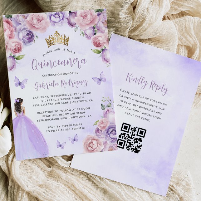 Lila  Blommigt Vattenfärg QR-kod Quinceañera Inbjudningar (Skapare uppladdad)