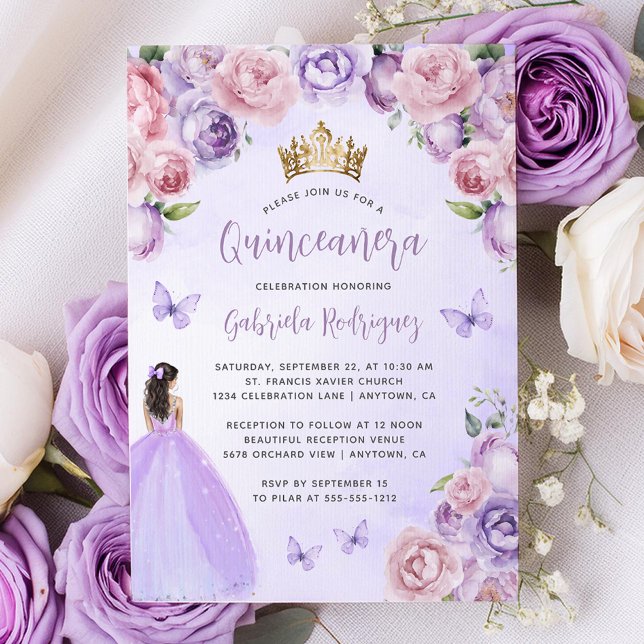 Lila  Blommigt Vattenfärg Quinceañera Inbjudningar (Skapare uppladdad)