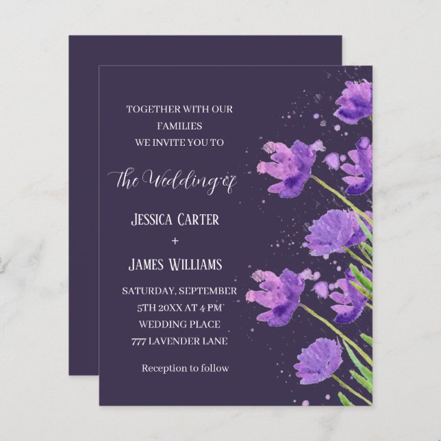 Lila Blommigt Vattenfärgad Elegant Enkel Bröllop (Fram/baksida)