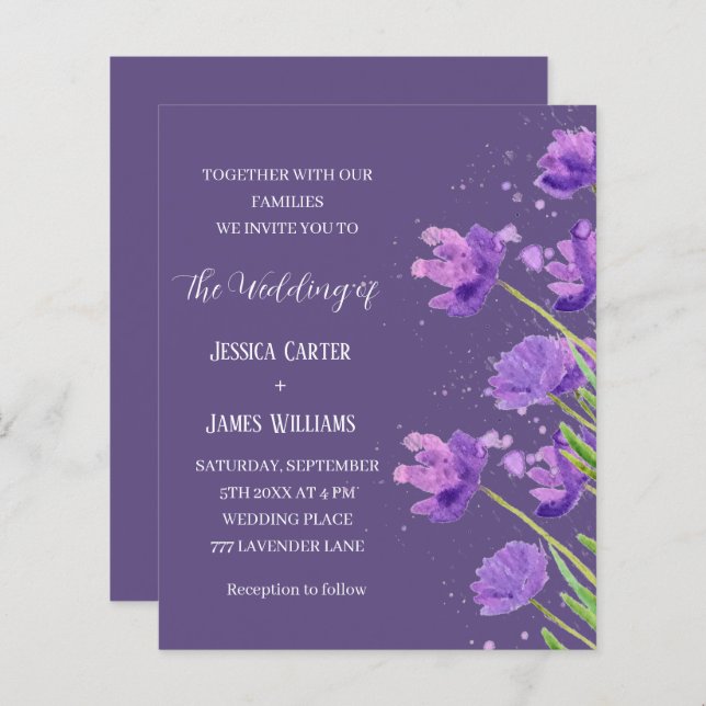 Lila Blommigt Vattenfärgad Elegant Enkel Bröllop (Fram/baksida)