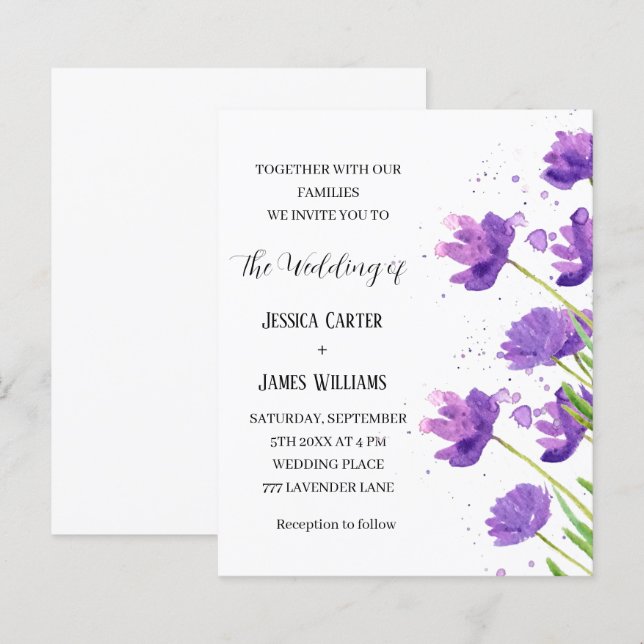 Lila Blommigt Vattenfärgad Elegant Enkel Bröllop (Fram/baksida)