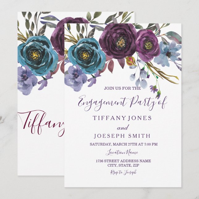 Lila Blommigt Vattenfärgens Elegant Förlovningsfes Inbjudningar (Fram/baksida)