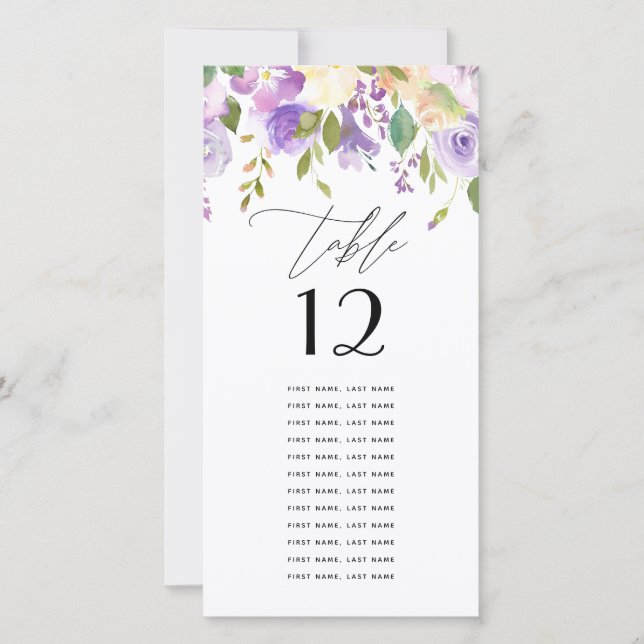 Lila Blommigt Vattenfärgsenskilda Bord-kort (Framsida)