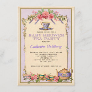 Lila Blommigt Vintage Baby Tea Party Tekanna Inbju Inbjudningar