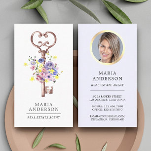 Lila Blommigt Vintage Nyckel Real Gods Agent fotto Visitkort