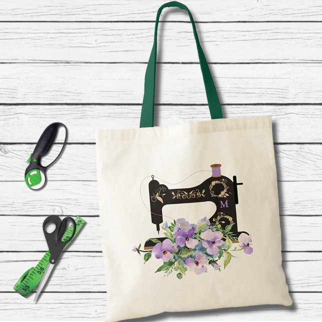 Lila Blommigt Vintage Sewing Maskin Monogram Tygkasse (Skapare uppladdad)