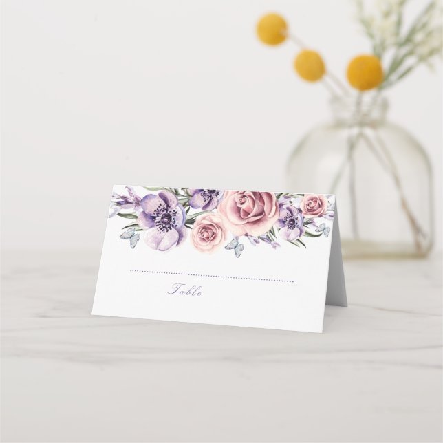 Lila Blommigt Watecolor Place Card Placeringskort (Framsida)