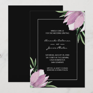 Lila Blommigt Watercolor Black Bröllop Inbjudningar