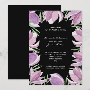 Lila Blommigt Watercolor Black Bröllop Inbjudningar