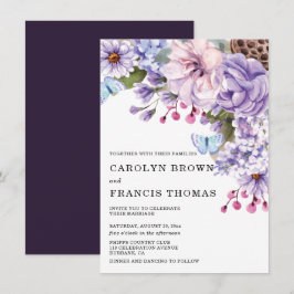 Lila Blommigt Watercolor Bröllop Inbjudningar