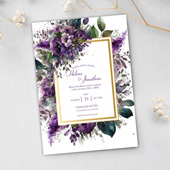 Lila Blommigt Watercolor Elegant Boho Bröllop Inbjudningar (Purple Floral Watercolor Elegant Boho Wedding Invitation)