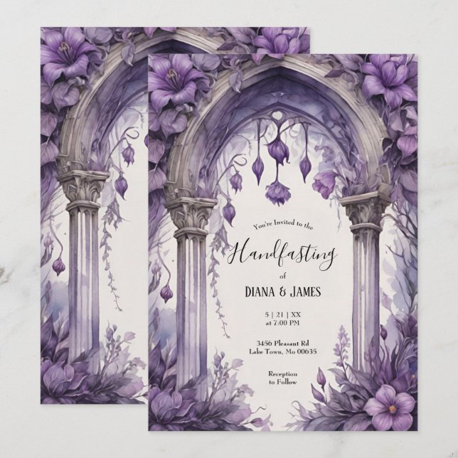 Lila Blommigt Watercolor gotiic Pagan Handfastmeda Inbjudningar (Fram/baksida)