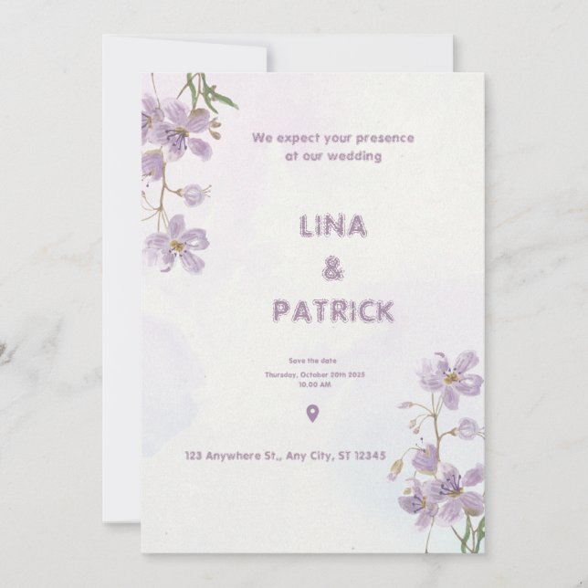Lila Blommigt Watercolor Stil bröllopsinbjudan Inbjudningar (Framsida)