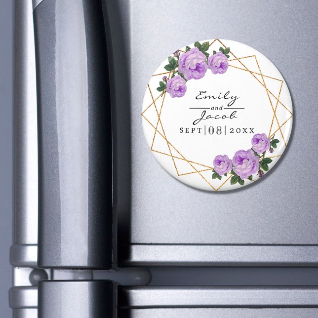 Lila Blommigt Wed Elegant Guld Glitter Geometric Magnet (Skapare uppladdad)