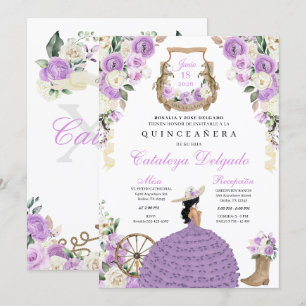 Lila Blommigt Westernare Mariachi Charro Quinceañe Inbjudningar
