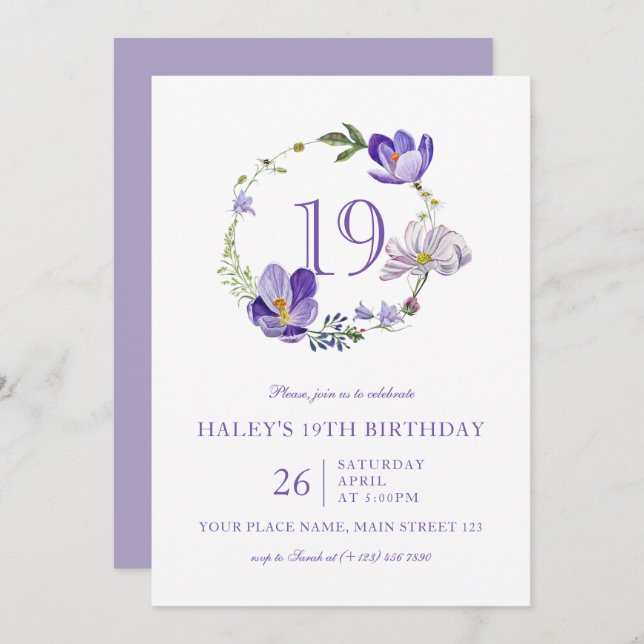 Lila Blommigt Wildblomma Vintage 19:e födelsedagen Inbjudningar (Fram/baksida)