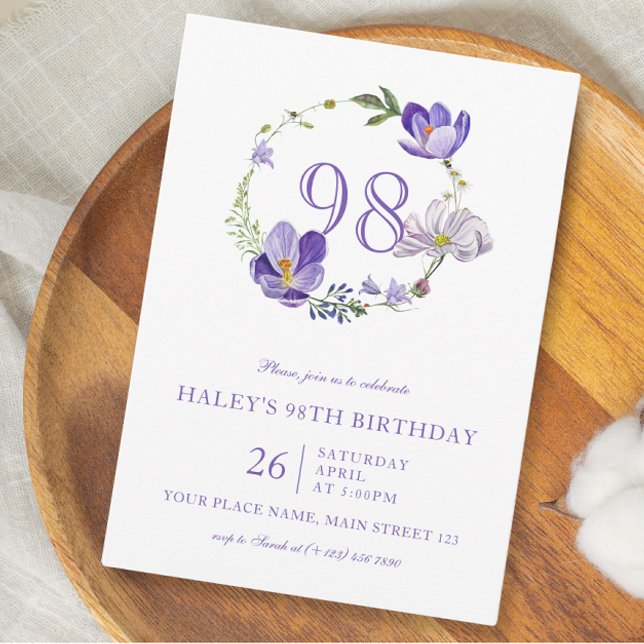 Lila Blommigt Wildblomma Vintage 98:e födelsedagen Inbjudningar (Skapare uppladdad)