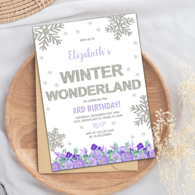 Lila Blommigt Winter Wonderland-inbjudningar Inbjudningar (Purple Floral Winter Wonderland Invitations)