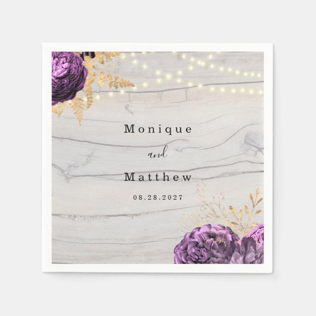 Lila Blommigt Wood String of Ljus Bröllop Napki Pappersservett (Framsidan)