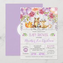 Lila Blommigt Woodland Animals Baby Shower Inbjuda