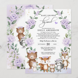 Lila Blommigt Woodland Animals Baby Shower Inbjudningar