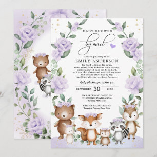 Lila Blommigt Woodland Animals Baby Shower Inbjudningar