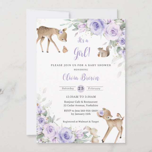 Lila Blommigt Woodland Animals Hjort Baby Shower Inbjudningar (Framsida)
