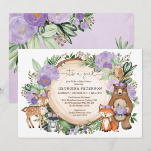 Lila Blommigt Woodland Forest Animals Flicka Inbjudningar