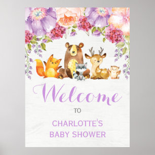 Lila Blommigt Woodland Forest Animals Flicka Poster