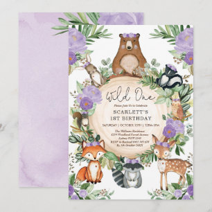 Lila Blommigt Woodland Girl Vild One1st Birthday Inbjudningar