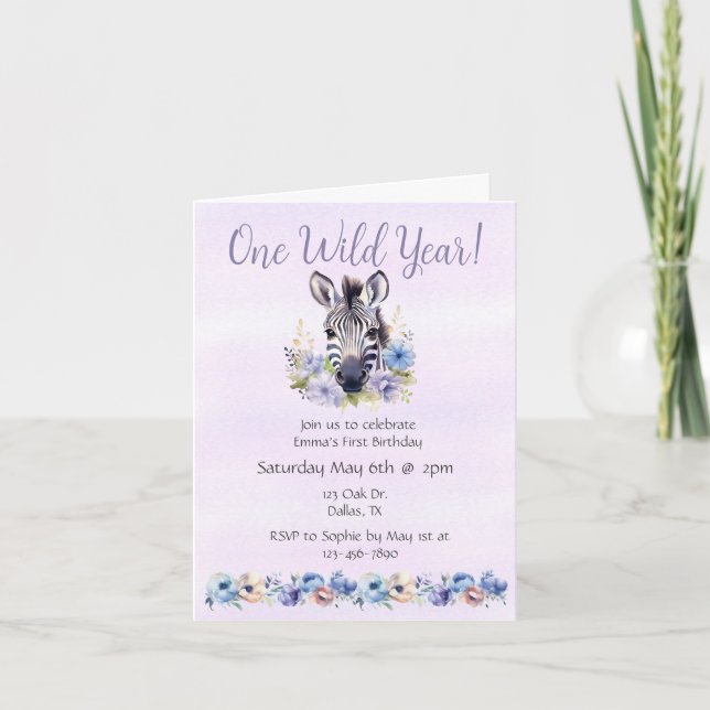 Lila Blommigt Zebra Birthday Inbjudan (Framsida)