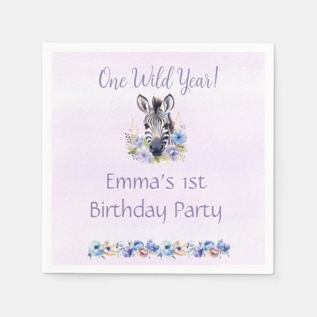 Lila Blommigt Zebra Birthday Pappersservett (Framsidan)