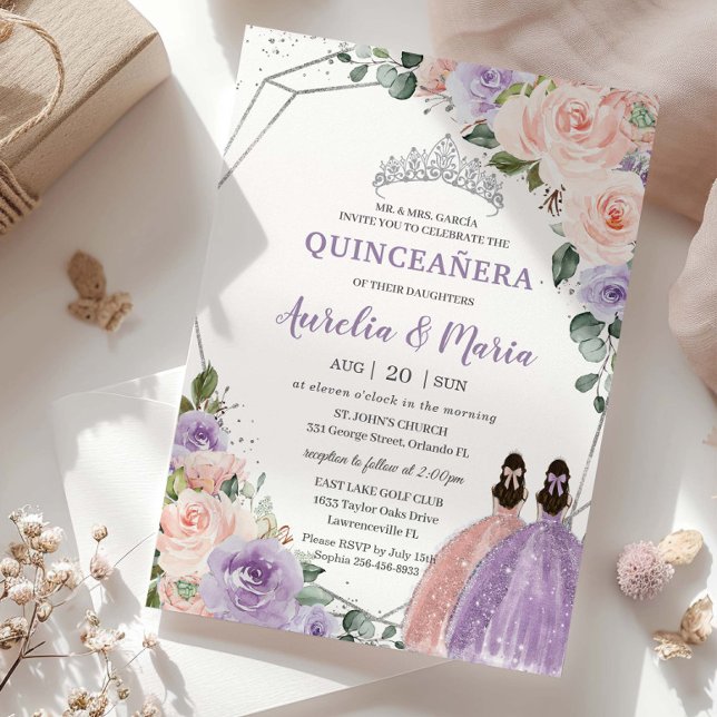 Lila  Blommigten Ro Twillingar Silver Quinceañera Inbjudningar (Skapare uppladdad)