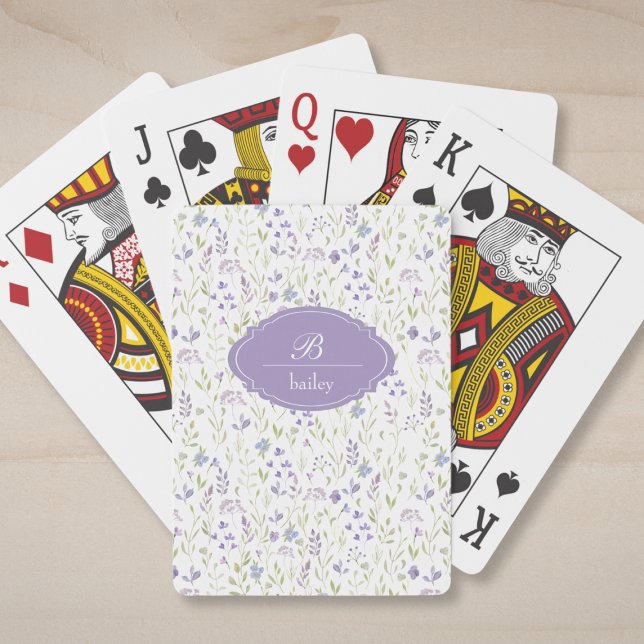 Lila blommonogram klassiska spelkort (personalized cottagecore purple blue floral pattern monogram cards)