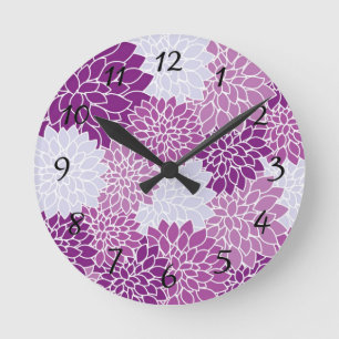 Lila Blommönster Clock med siffror Rund Klocka