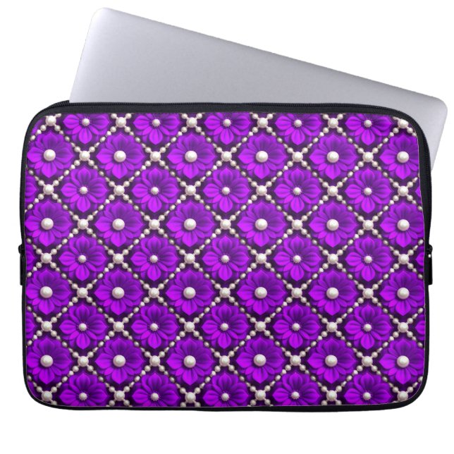 Lila blommönster med pärlpärlor laptop fodral (Framsidan)