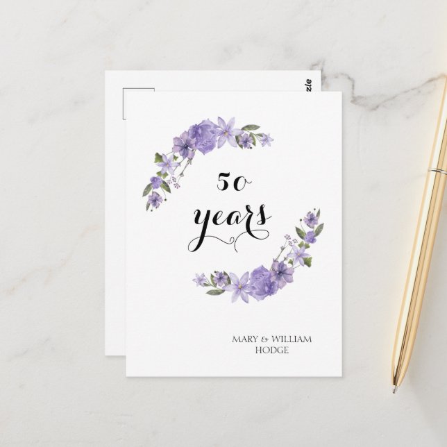 Lila blommor 50-års bröllopsdag vykort (Fram/Back In Situ)