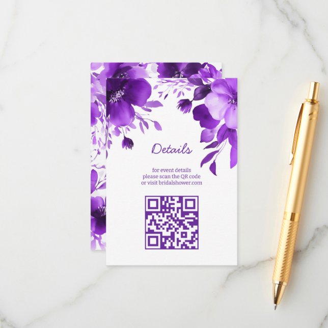 Lila Blommor Akvarell Bröllopsdusch CUSTOM QR Tilläggskort (Fram/Back In Situ)