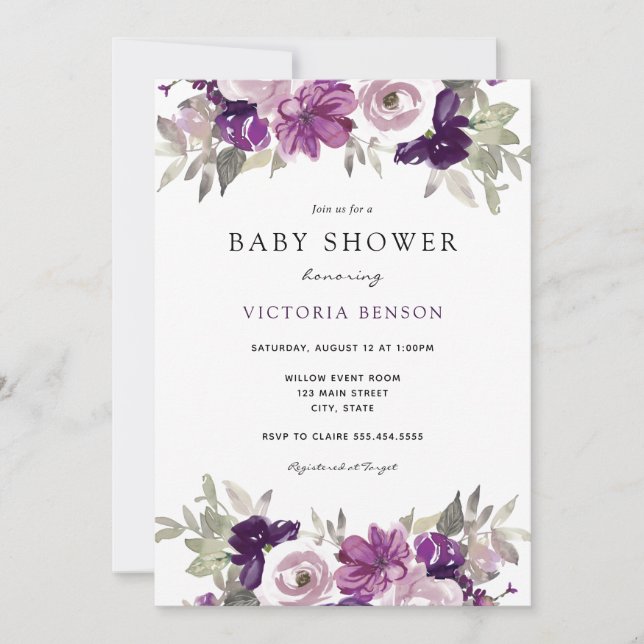 Lila blommor Baby Shower-inbjudan Inbjudningar (Framsida)