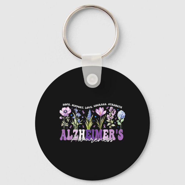 Lila blommor Band stöder Alzheimers medvetenhet Nyckelring (Framsida)