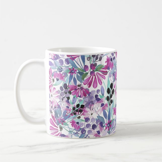 Lila blommor & Berries: Vattenfärg Kaffemugg (Vänster)