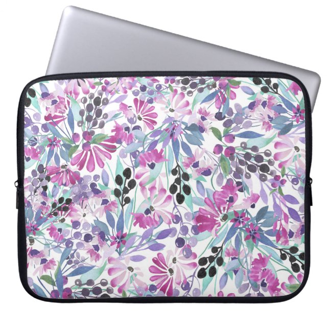 Lila blommor & Berries: Vattenfärg Laptop Fodral (Framsidan)