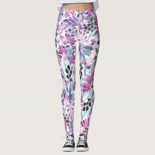 Lila blommor & Berries: Vattenfärg Leggings (Framsida)