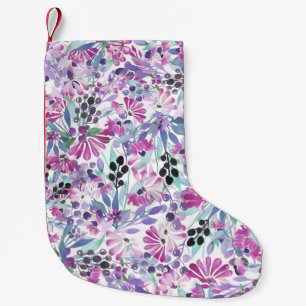 Lila blommor & Berries: Vattenfärg Liten Julstrumpa